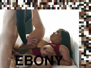Juicy ebony Aryana Adin sucks a dick through a hole and rides it