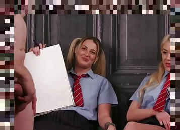 College uniform CFNM voyeurs tease guy jerking off cock 4 them