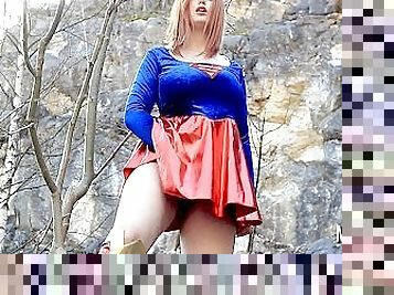 Huge Natural Tits Super Woman Cosplay making OutDoor