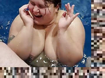 Piss on her cute face in the pool - cumming twice on the pussy and tits of a friends chubby young wife