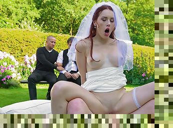 Redhead fucks on her wedding day with the future hubby watching