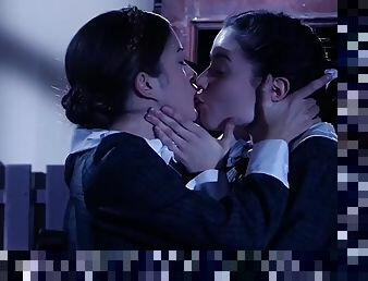 lésbicas, adolescente, beijando