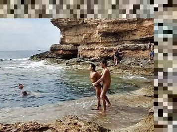 nudista, al-aire-libre, público, amateur, pareja, playa, follando-fucking