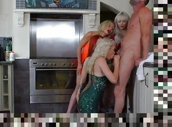 CFNM classy British babes suck cock in kitchen group BJ