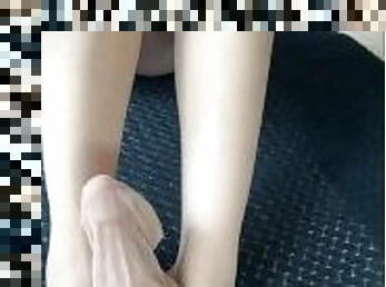 Sexy Asian wife wtih cute feet give a hot feetjob for her huge dildo with her new pantyhose