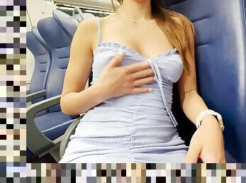 Naughty brunette student seduces her boyfriend to cum on the train