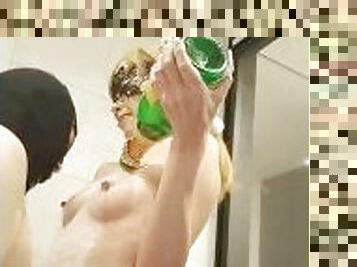 Drinking champagne with Japanese Hentai lady's body. How to enjoy sex in the shower room.