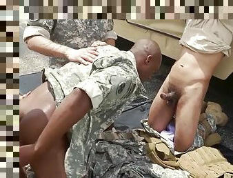 Black army ass in threesome fucked outdoors at sergeants command