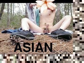 asiatisk, masturbation, publik, amatör, gay, juckande, ensam, skog, twink, ta-av-sig