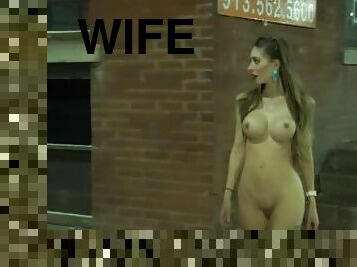 Hotwife boldly walks naked around town and masturbates on a bridge