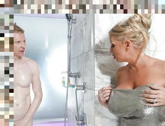 Nude mommy walks into the shower with her stepson