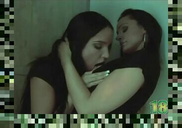 Erotic lesbian tongue kissing in the club bathroom
