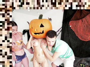Halloween hardcore for two skinny ass sluts on fire