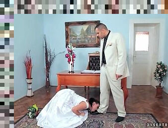 Sexy bride licks his shoes and sucks his cock