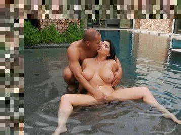 Outdoor fucking from behind in the pool with brunette Romi Rain