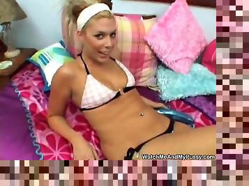 Blonde strips and starts with her dildo